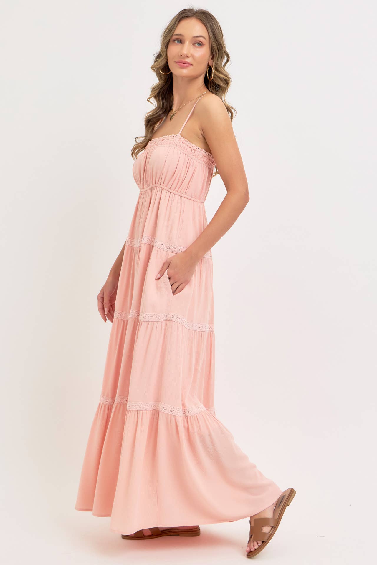 SMOCKED BRODICE TIERED MAXI DRESS: BLUSH / Contemporary
