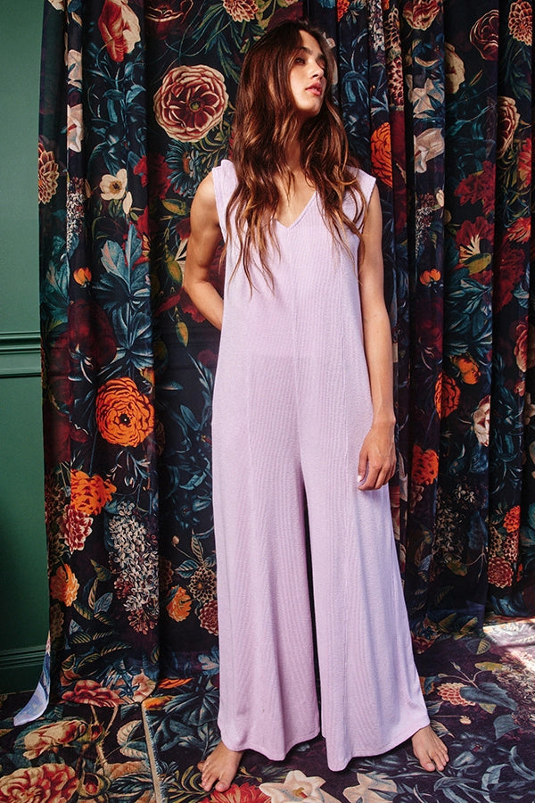 V-Neck Wide Leg Solid Knit Jumpsuit - Lavender