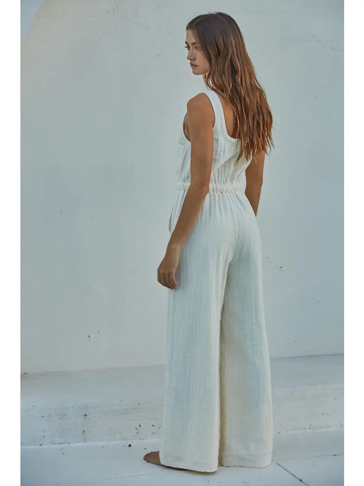Cotton Scoop Neck Sleeveless Wide Leg Jumpsuit | Ivory