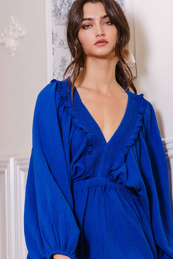 Smocked V-neck Ruffled Solid Woven Romper