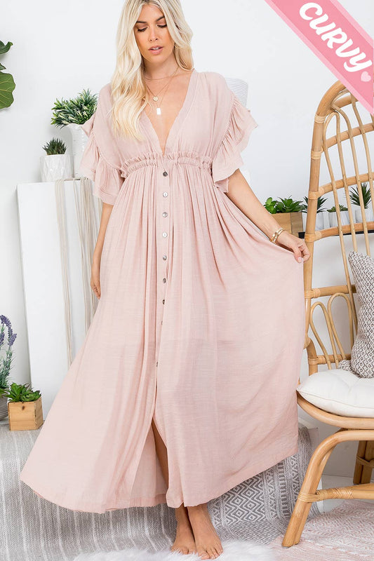 DEEP V NECKLINE BUTTONDOWN FLOWY MAXI DRESS PLUS SIZE
