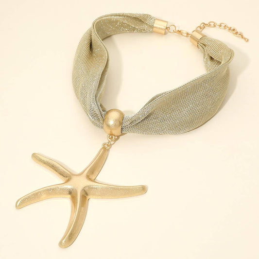 Bold Brushed Metal Starfish Pendant Mesh Statement Necklace: Gold