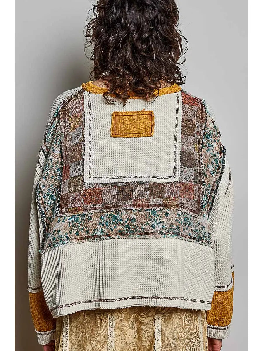 Thermal Knit Floral Patchwork Button Top