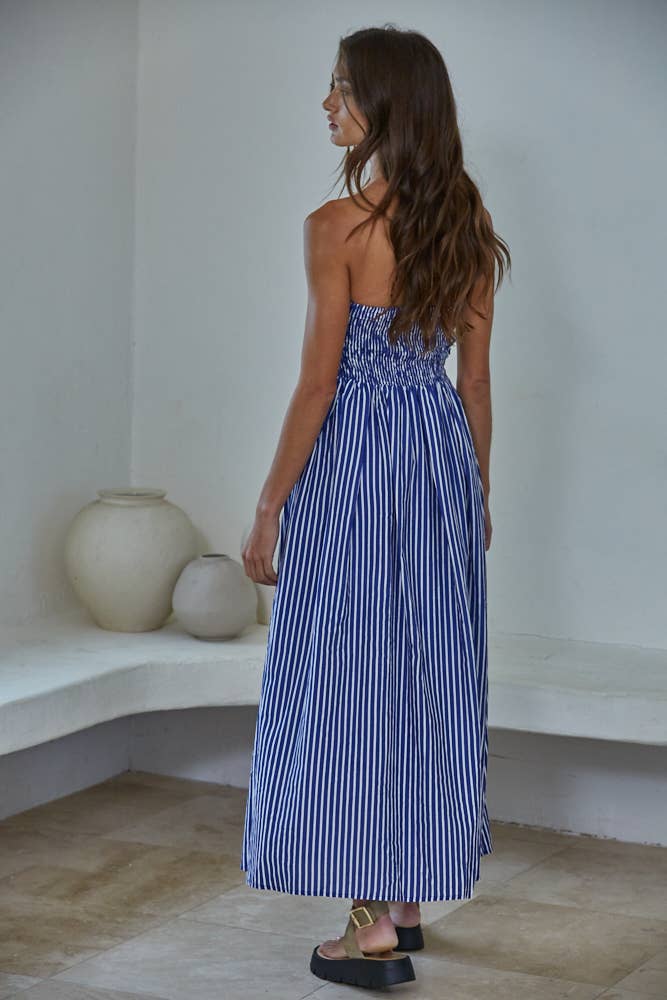 Striped Tube Neck Strapless Flare Maxi Dress: Denim Blue