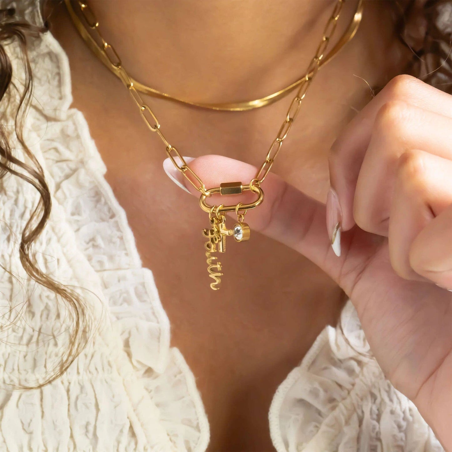18K Gold PVD Stainless Steel Cross Carabiner Charm Necklace
