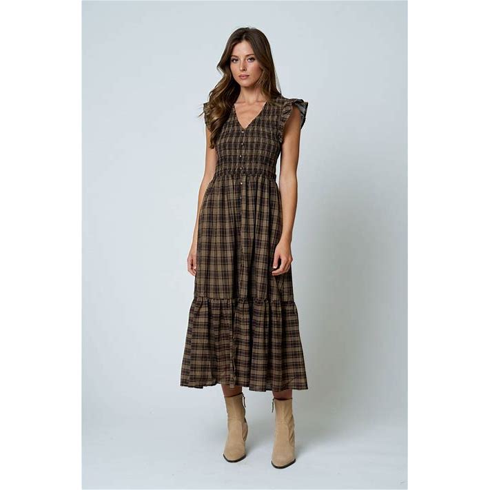 Plaid Smocked V Neck Ruffled Midi