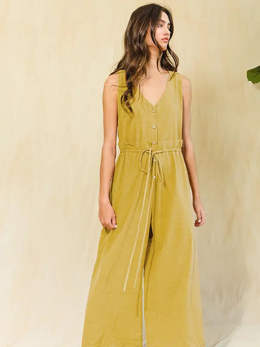 Sleeveless Elastic Waist and Tie Jumpsuit - Mustard