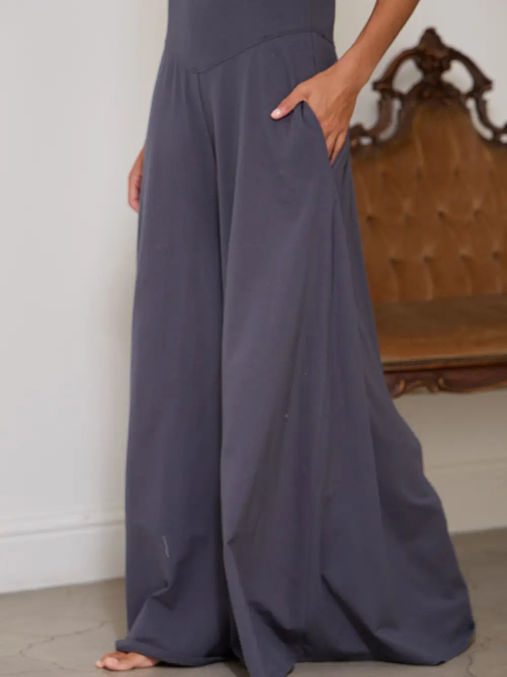 Cross Back Wide Legs Sleeveless Jumpsuit - Dark Grey