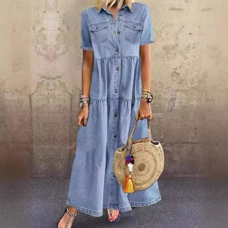 Women's Long Denim Dress with Button Front