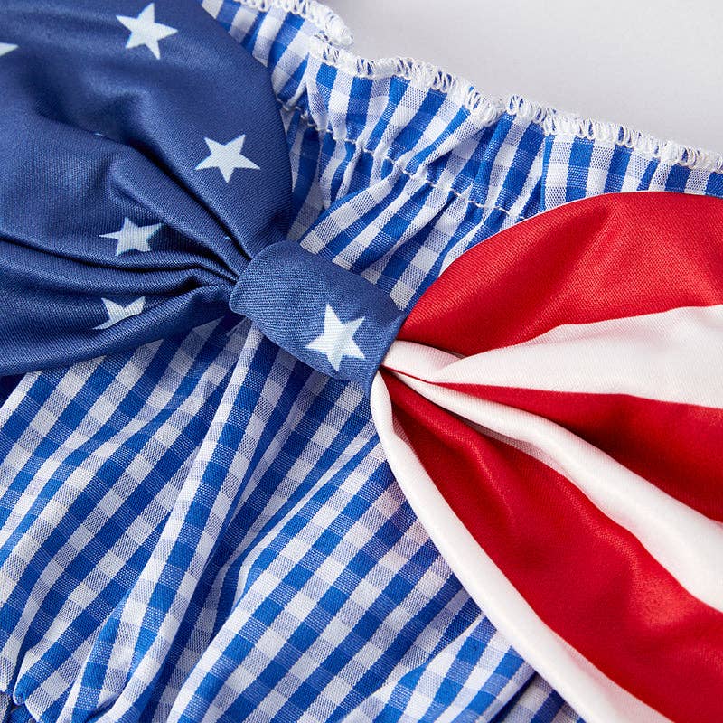 Girls July 4th Blue Plaid Flag Bow Jumpsuit