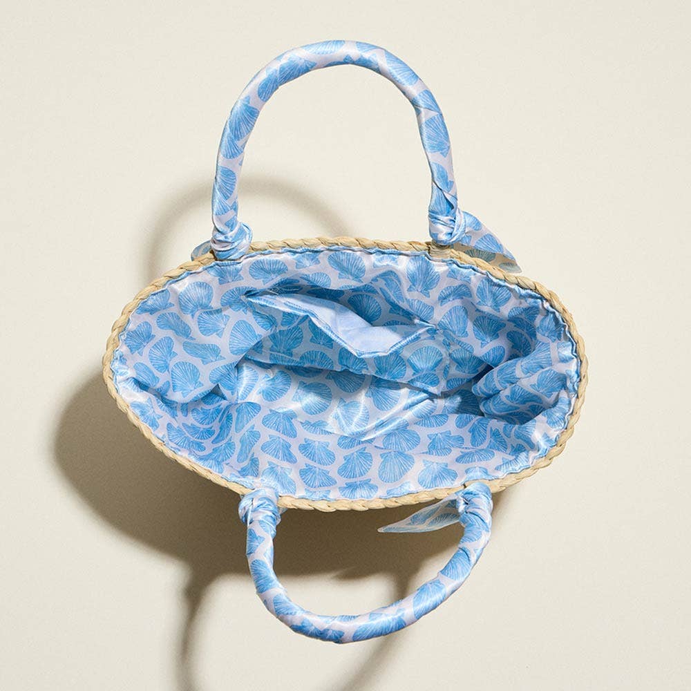 Shell Print Fabric Scarf Wrapped Handle Raffia Tote Bag