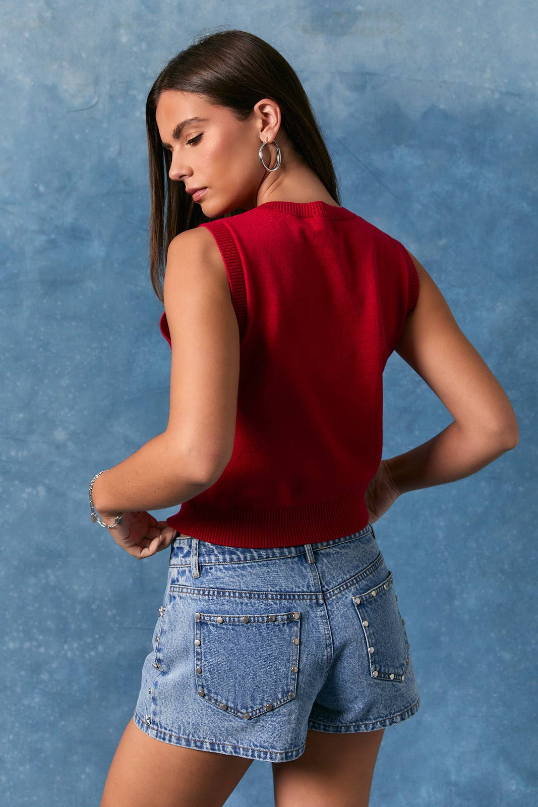 Sleeveless Crew Neck Flag Sweater Crop Top