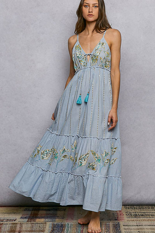 Back Smocking Embroidery Sequin Ruffle Detail Long Dress