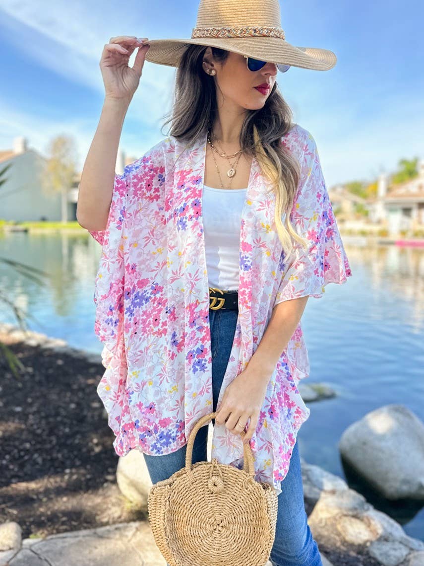 Floral Chiffon Ruffle Kimono – Lightweight Summer Layer: One Size