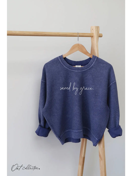 SAVED BY GRACE Cropped Thermal Vintage Pullover | WASHED DENIM