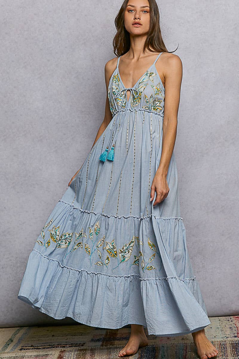 Back Smocking Embroidery Sequin Ruffle Detail Long Dress