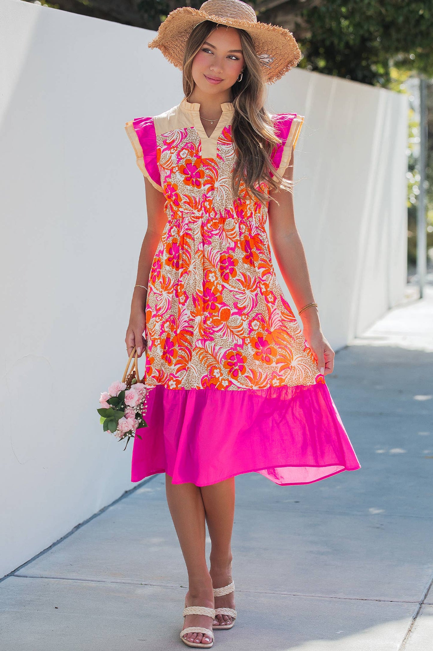 Floral Color Block Ruffled Short Sleeve Flared Midi Dress