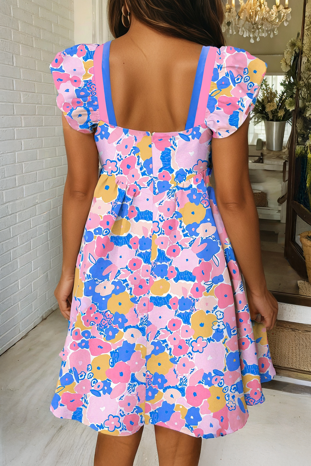 Floral Print Flutter Striped Trim Mini Dress
