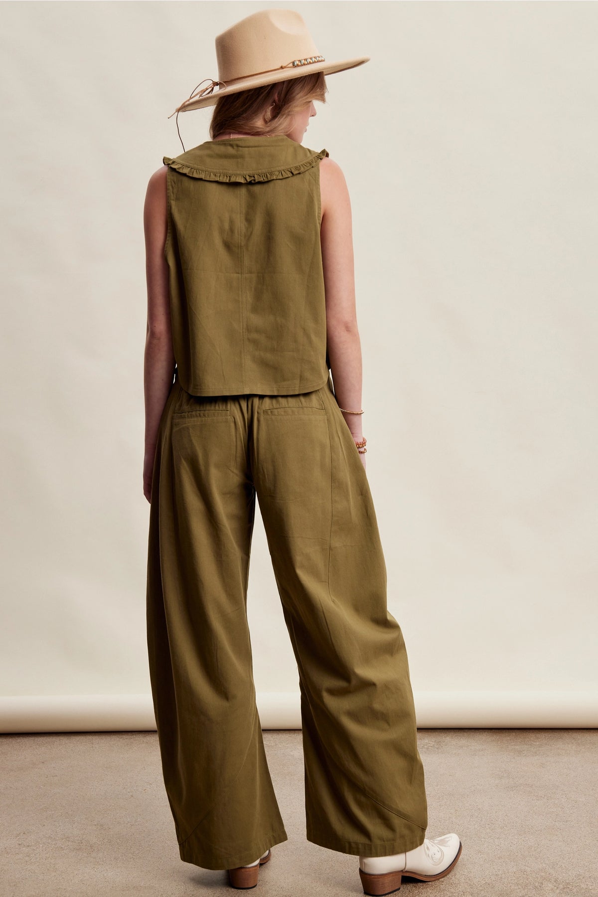 Ruffle Collar Tie-Front Twill Pants Set