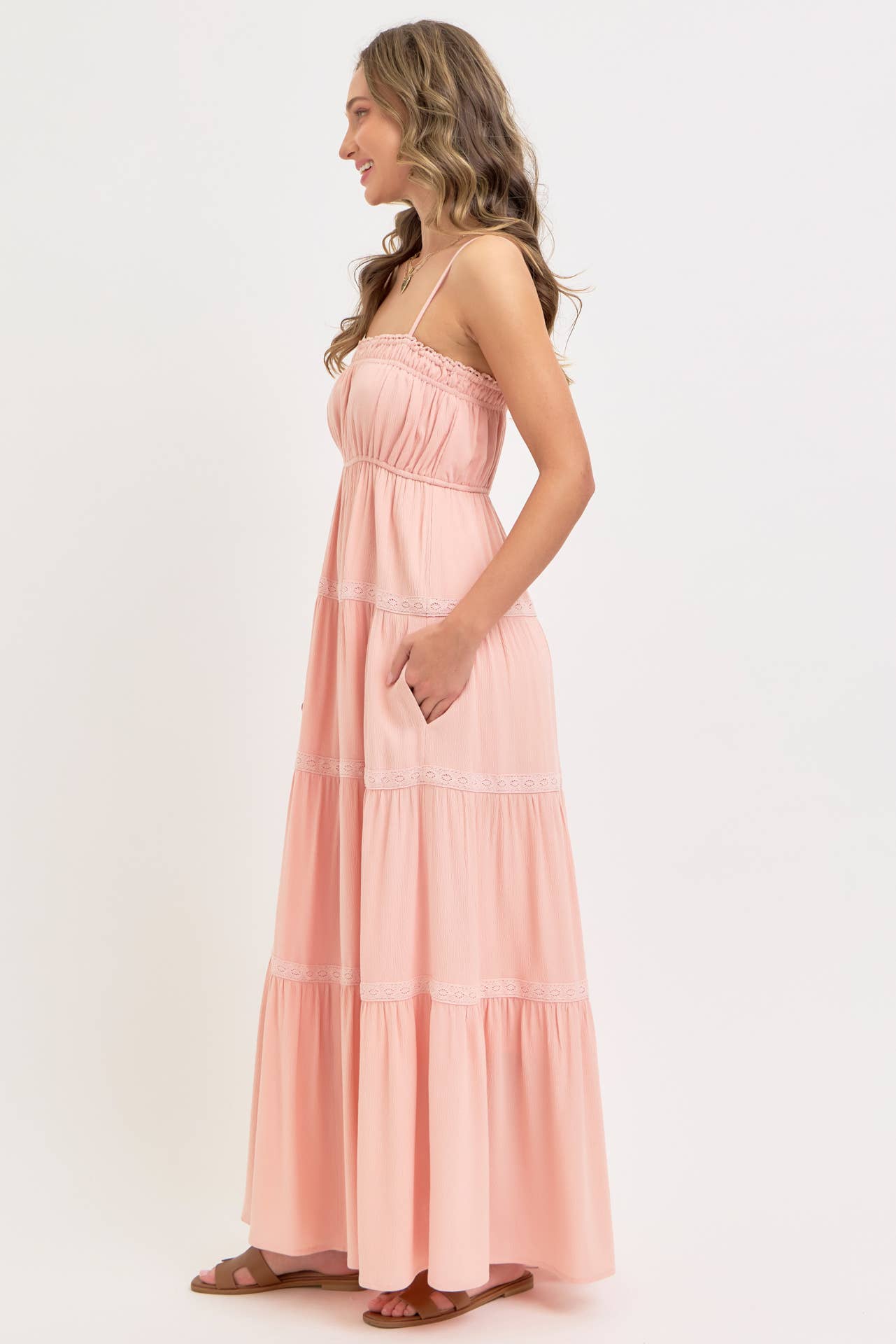 SMOCKED BRODICE TIERED MAXI DRESS: BLUSH / Contemporary