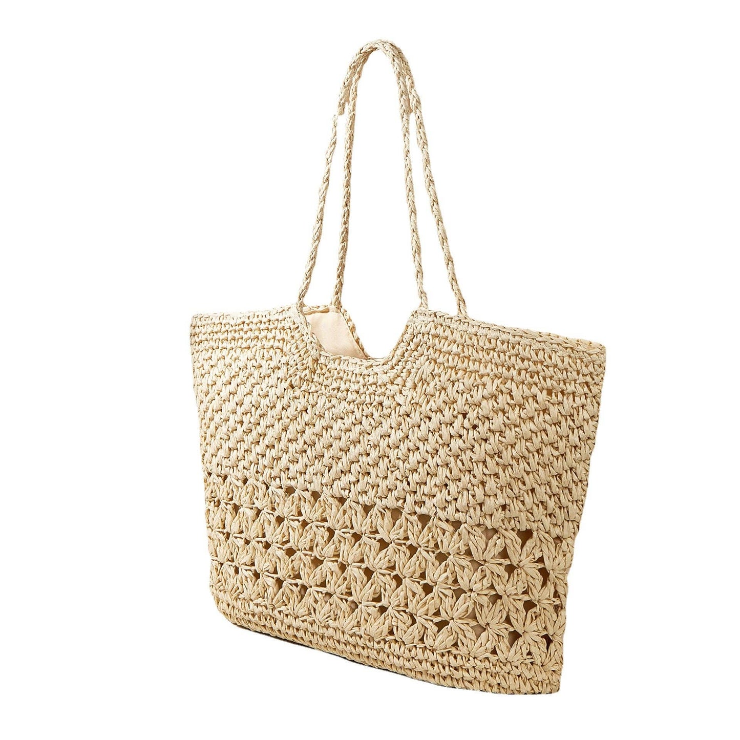 Hollow Woven Straw Shopping Beach Bag: Beige