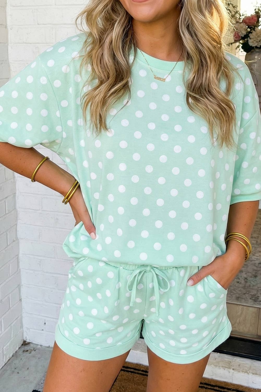 Polka Dot Print Top Drawstring Shorts Set