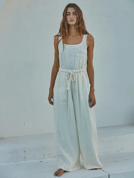 Cotton Scoop Neck Sleeveless Wide Leg Jumpsuit | Ivory