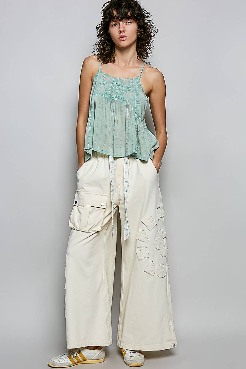 Spaghetti Strap Sheer Embroidered Scallop Trim Tank Top