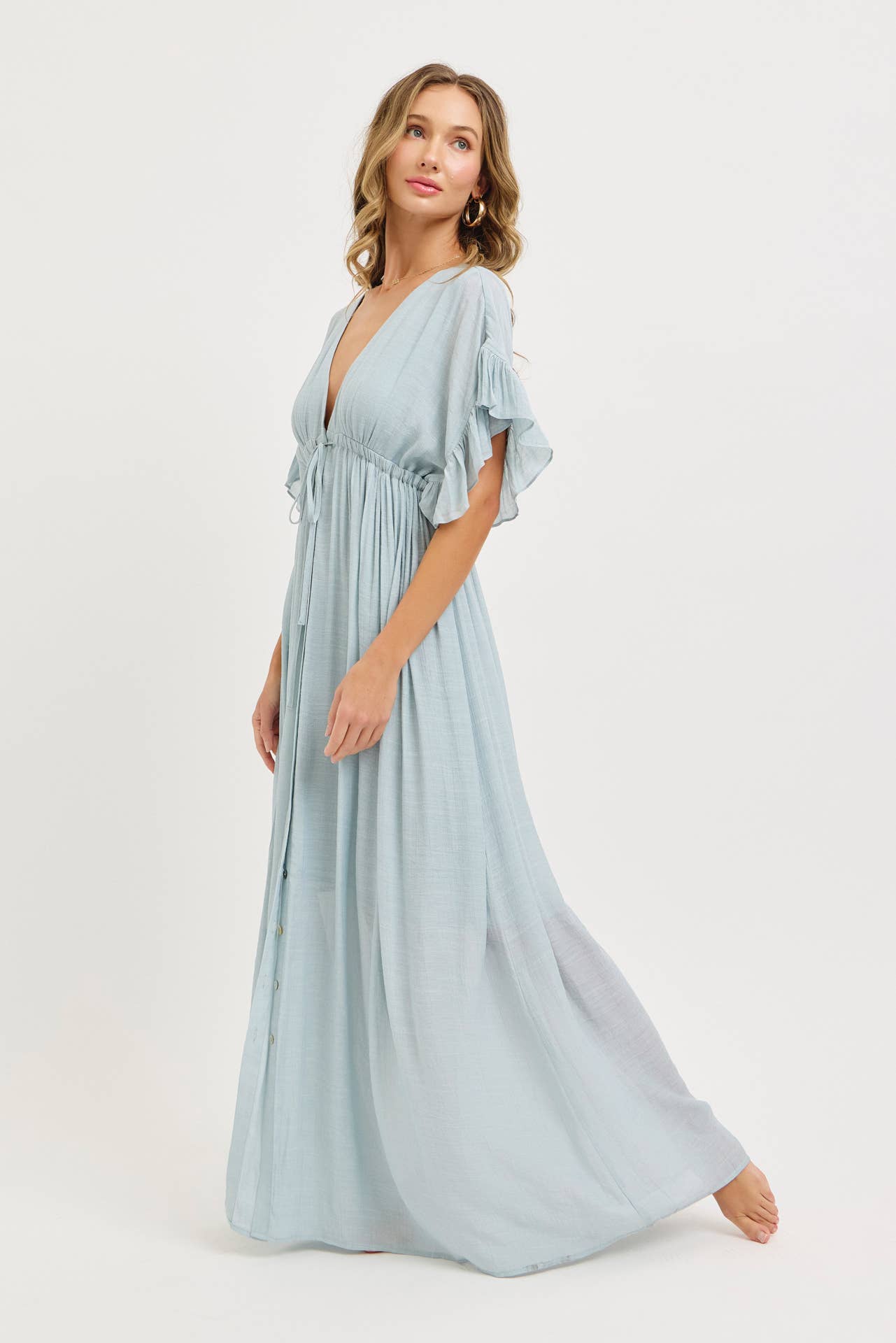 ROMANTIC V-NECKLINE ADJUSTABLE EMPIR RUFFLE FLOWY MAXI DRESS