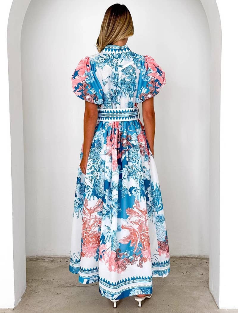 Floral Maxi Dress with Puff Sleeves and Belt