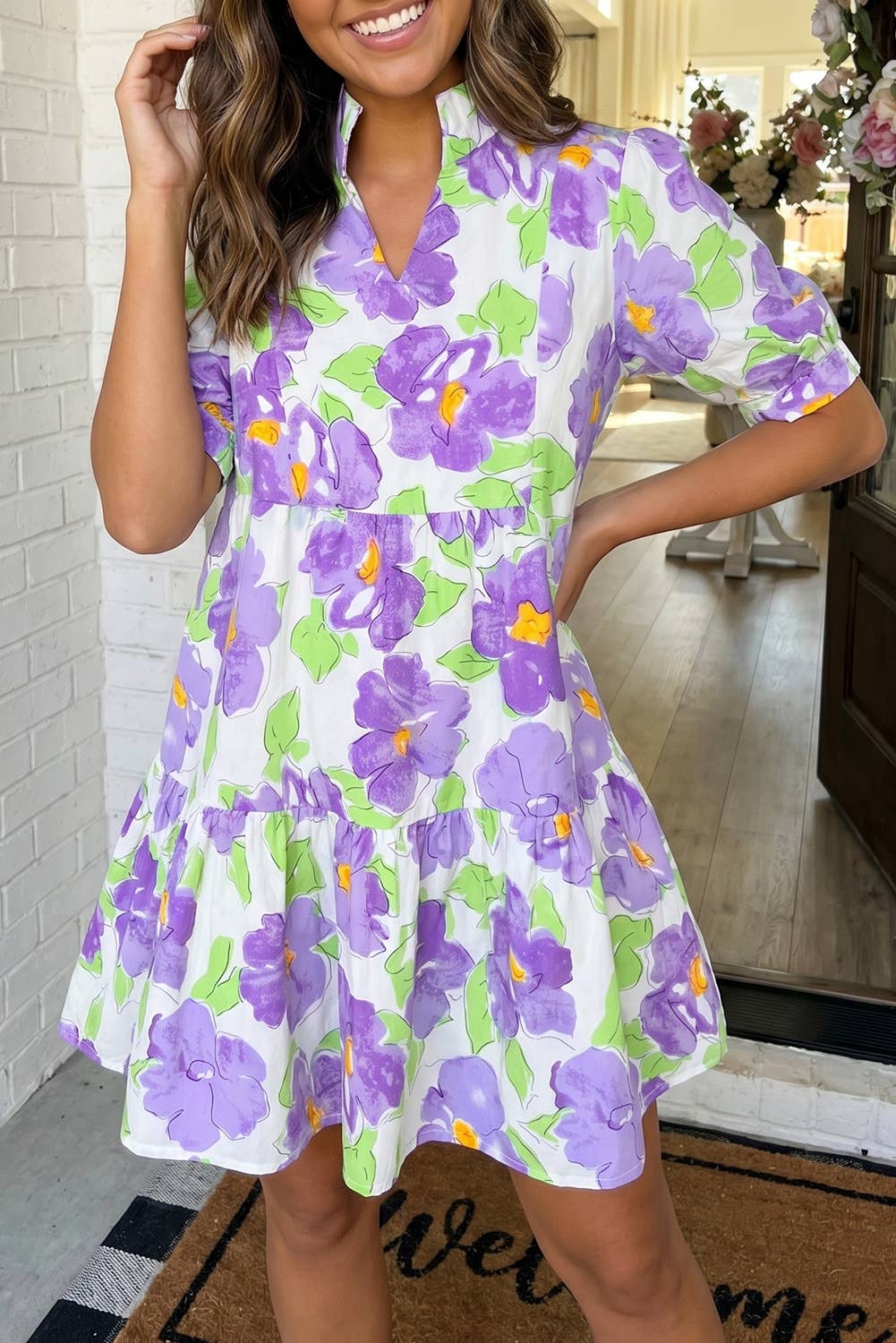 Floral Bubble Sleeve Tiered Ruffle Mini Dress