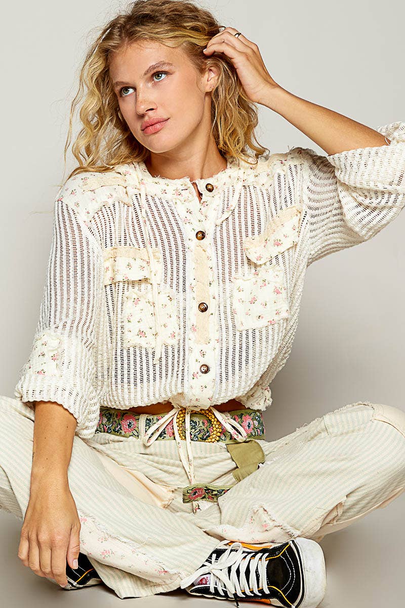Vintage washed floral print patch crochet jacket