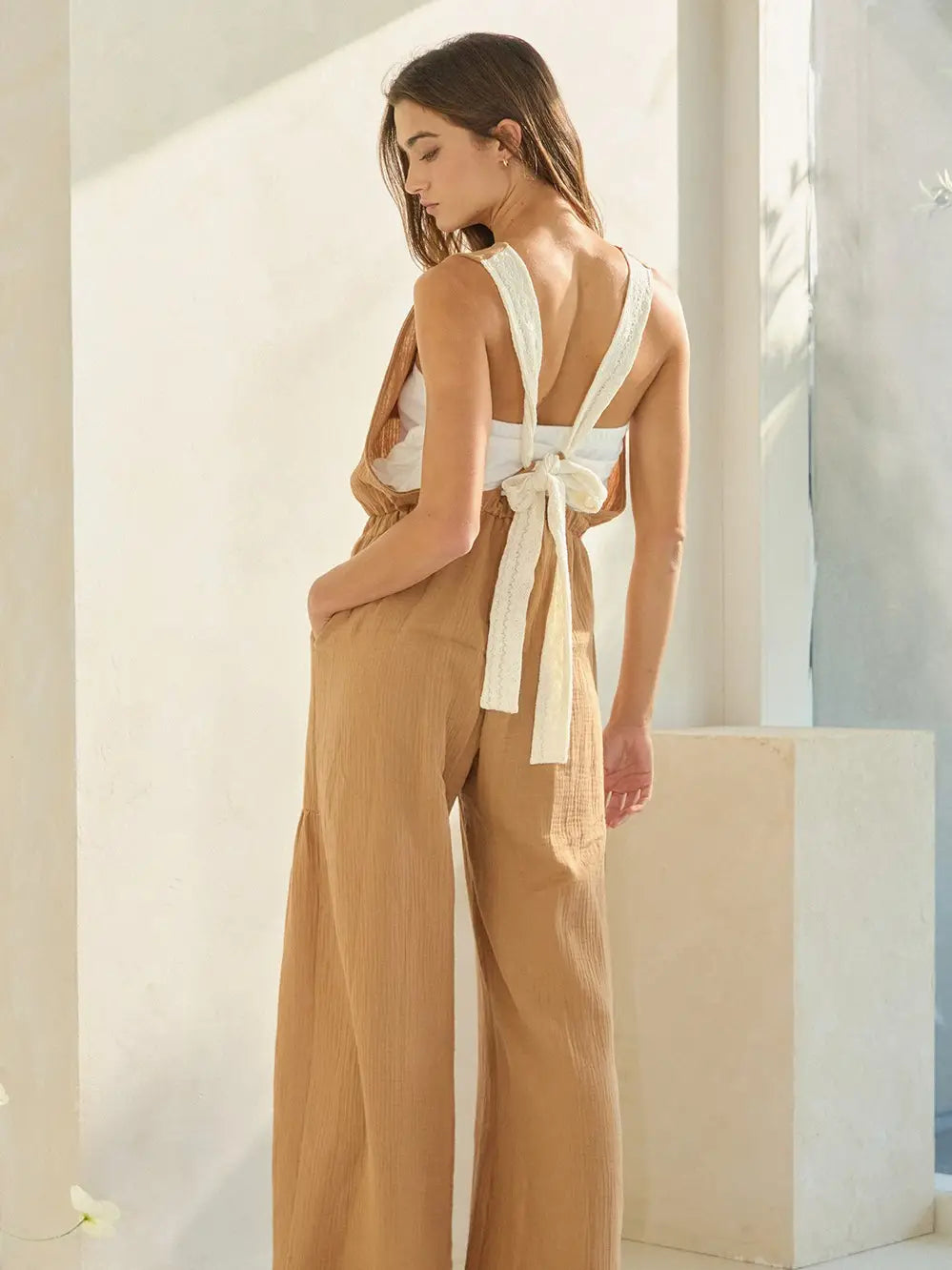 Contrast Adjustable Bow Back Jumpsuit - Camel