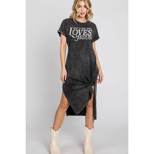 JUST A GIRL WHO LOVES JESUS MINERAL GRAPHIC DRESS: Mineral Black