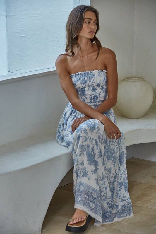 Woven Cotton Rayon Floral Smocked Strapless Midi Dress