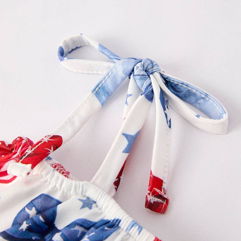 Girls Summer July 4th Red Blue Bow Jumpsuit