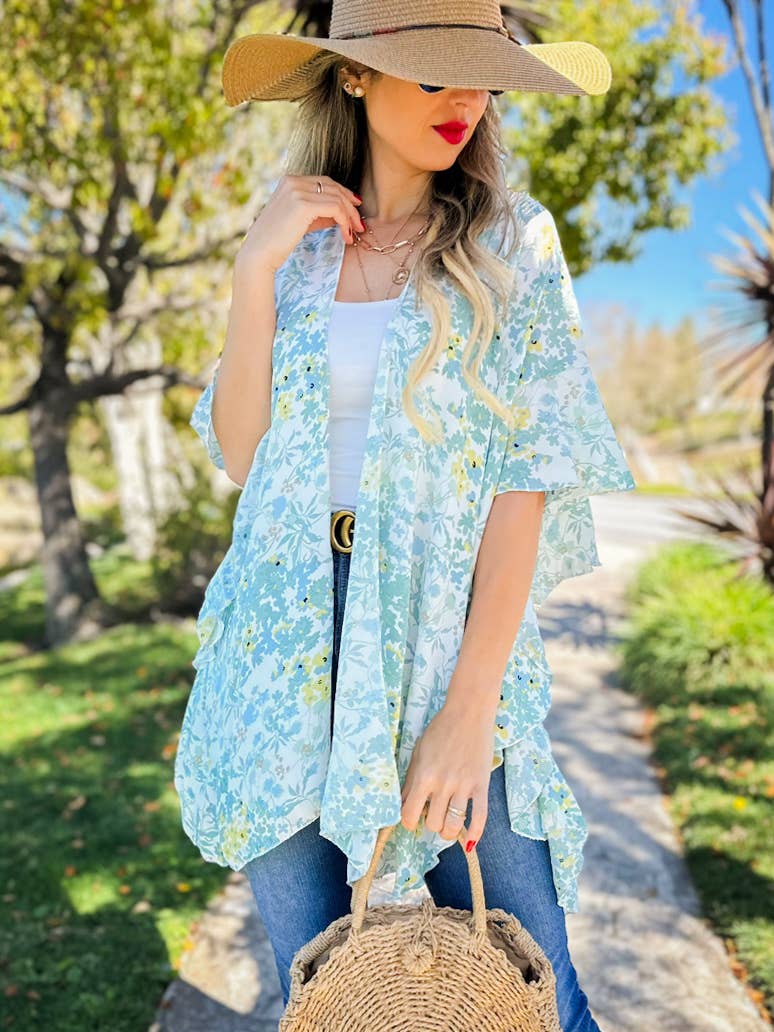 Floral Chiffon Ruffle Kimono – Lightweight Summer Layer: One Size