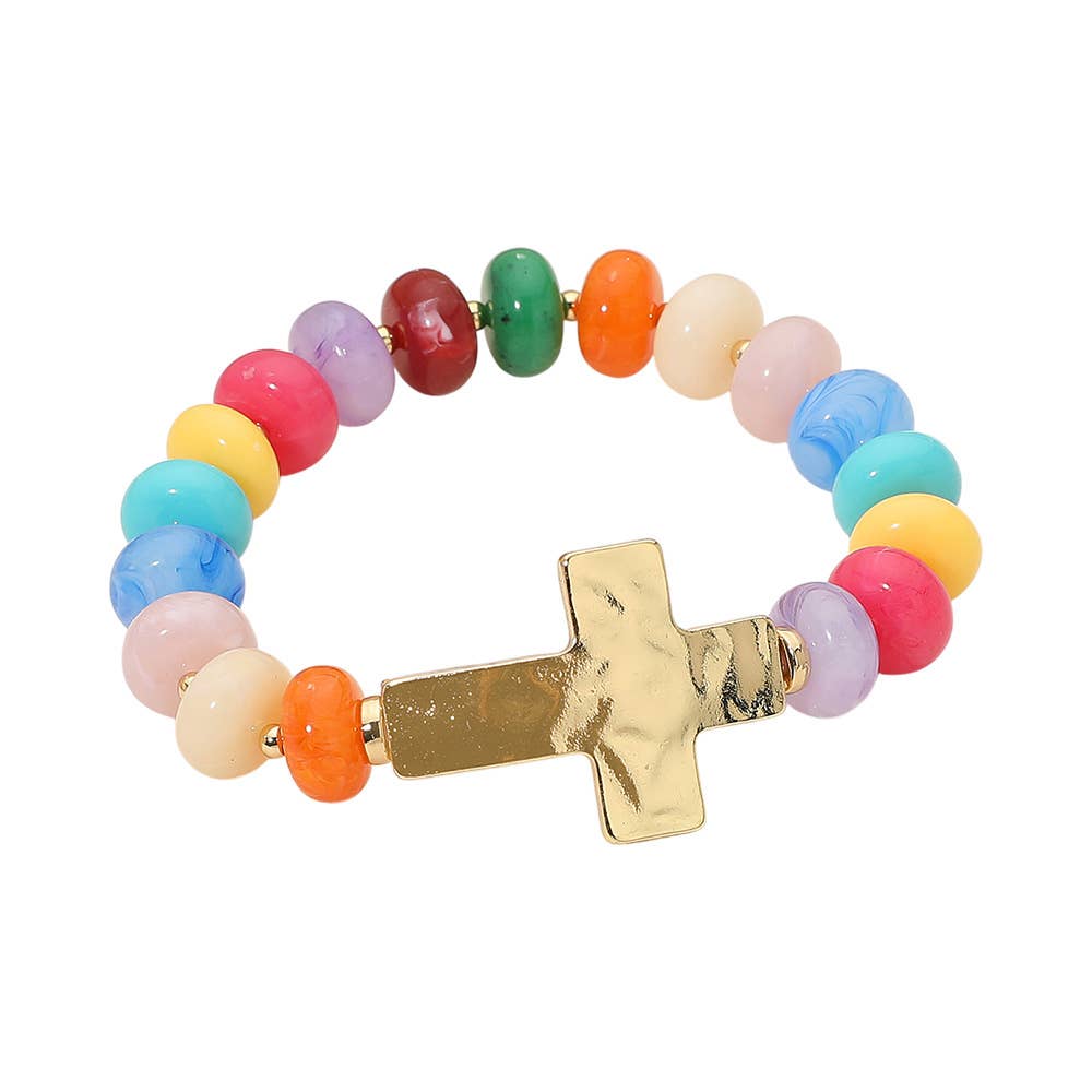 Hammered Polished Metal Cross Accent Resin Flat Disc Beaded Stretch Bracelet