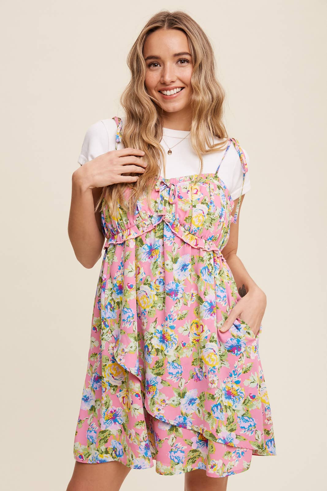 Floral Ruffle Detail Tie-Strap Dress