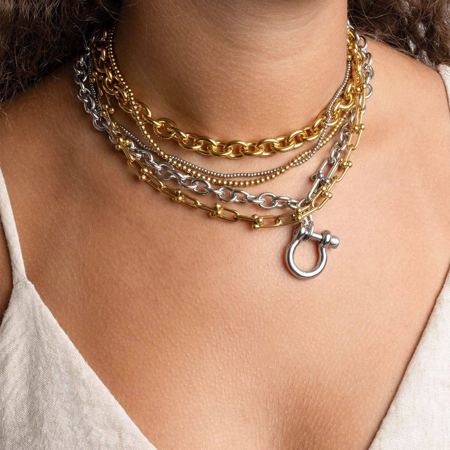 Gold Stainless Steel Y Necklace with Horseshoe Carabiner