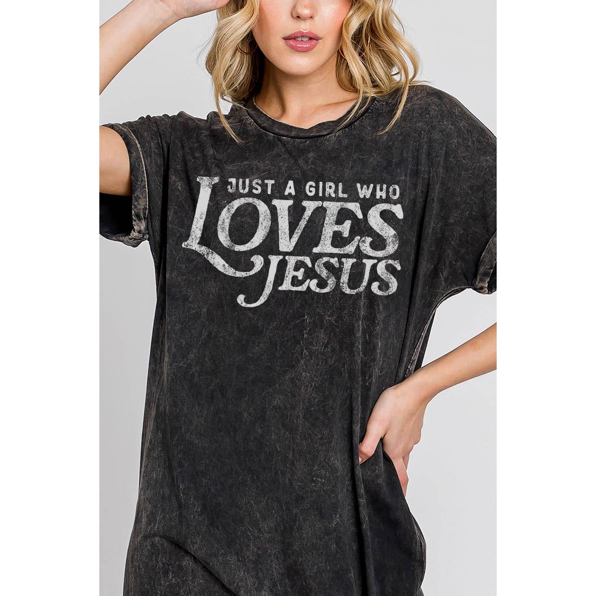 JUST A GIRL WHO LOVES JESUS MINERAL GRAPHIC DRESS: Mineral Black