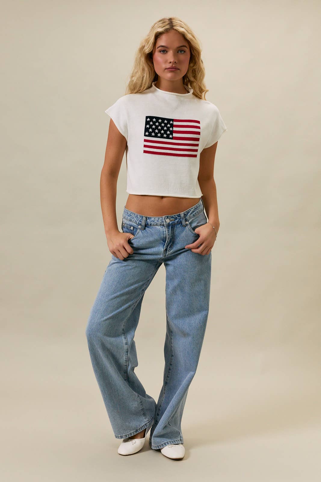 DROP SHOULDER MOCK NECK "USA FLAG" GRAPHIC SWEATER