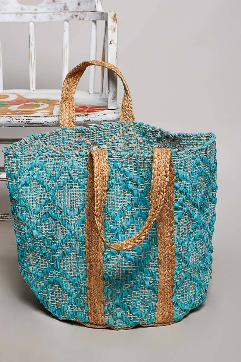 Handwoven Bohemian Style Teal Turquoise Tote Bag
