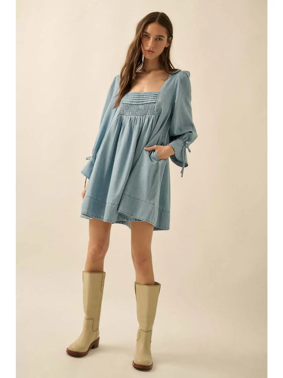 Denim Square-Neck Long-Sleeve Babydoll Mini Dress