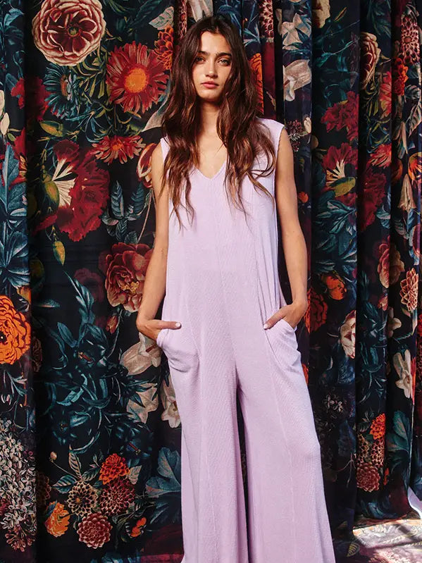 V-Neck Wide Leg Solid Knit Jumpsuit - Lavender