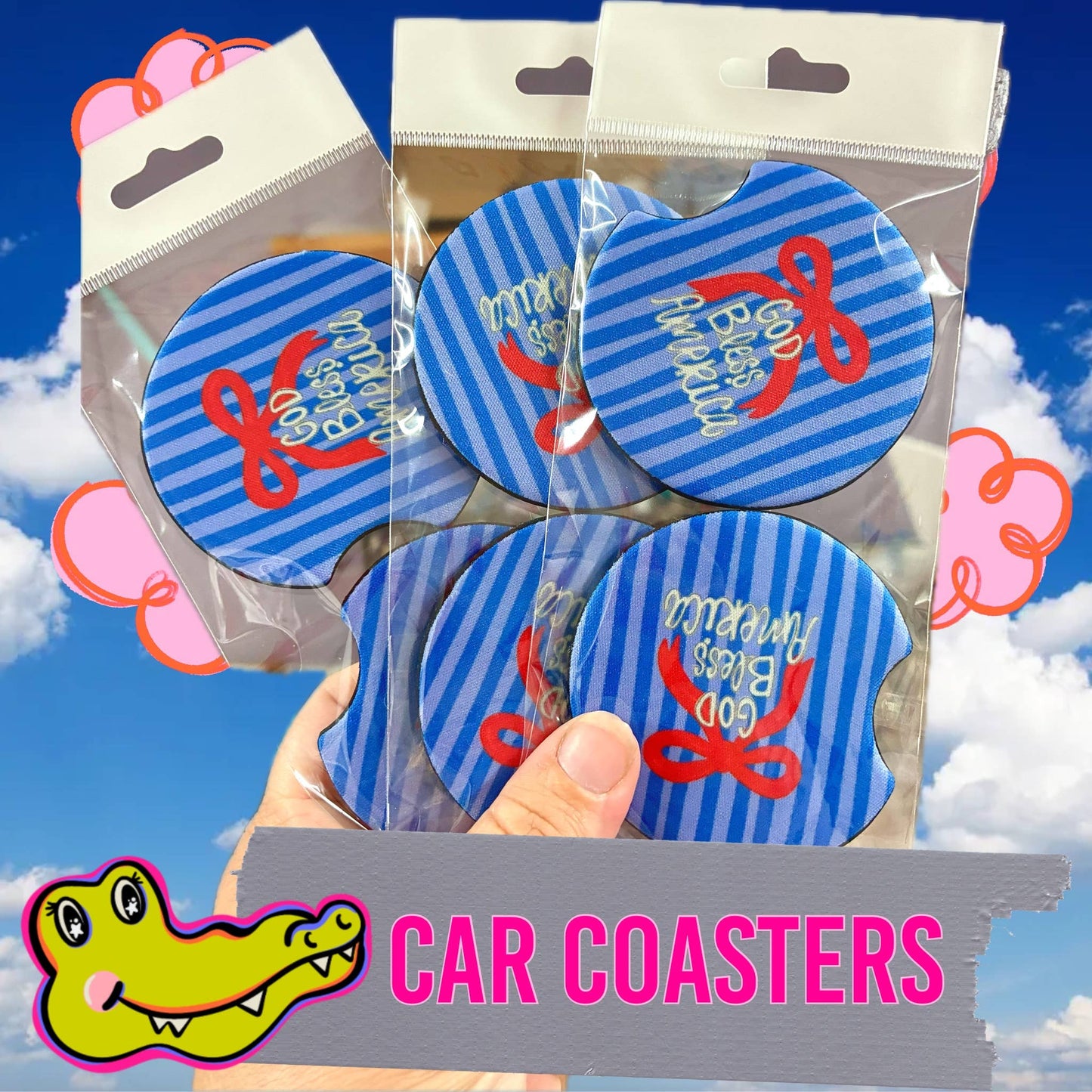 God bless America bow patriotic car coasters 