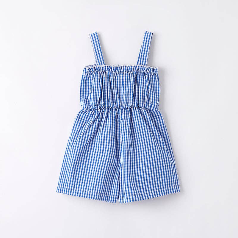 Girls July 4th Blue Plaid Flag Bow Jumpsuit