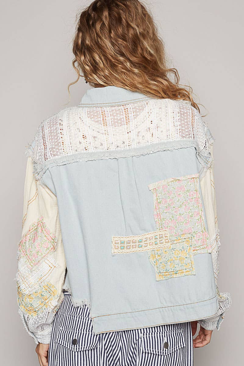 Oversize long sleeve crochet patchworks denim jacket