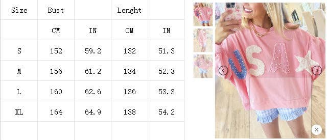 Women's USA Pearl Letter Patch Pink Oversized Sweatshirt Casual Long Sleeve Pullover