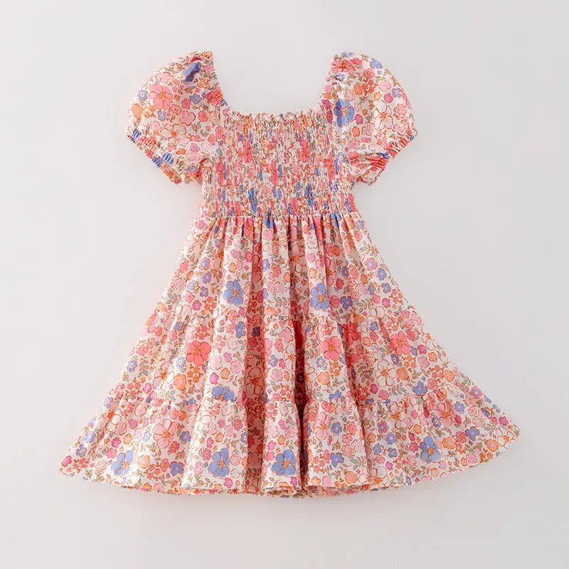 Girls Summer Floral Print Smocked Dress